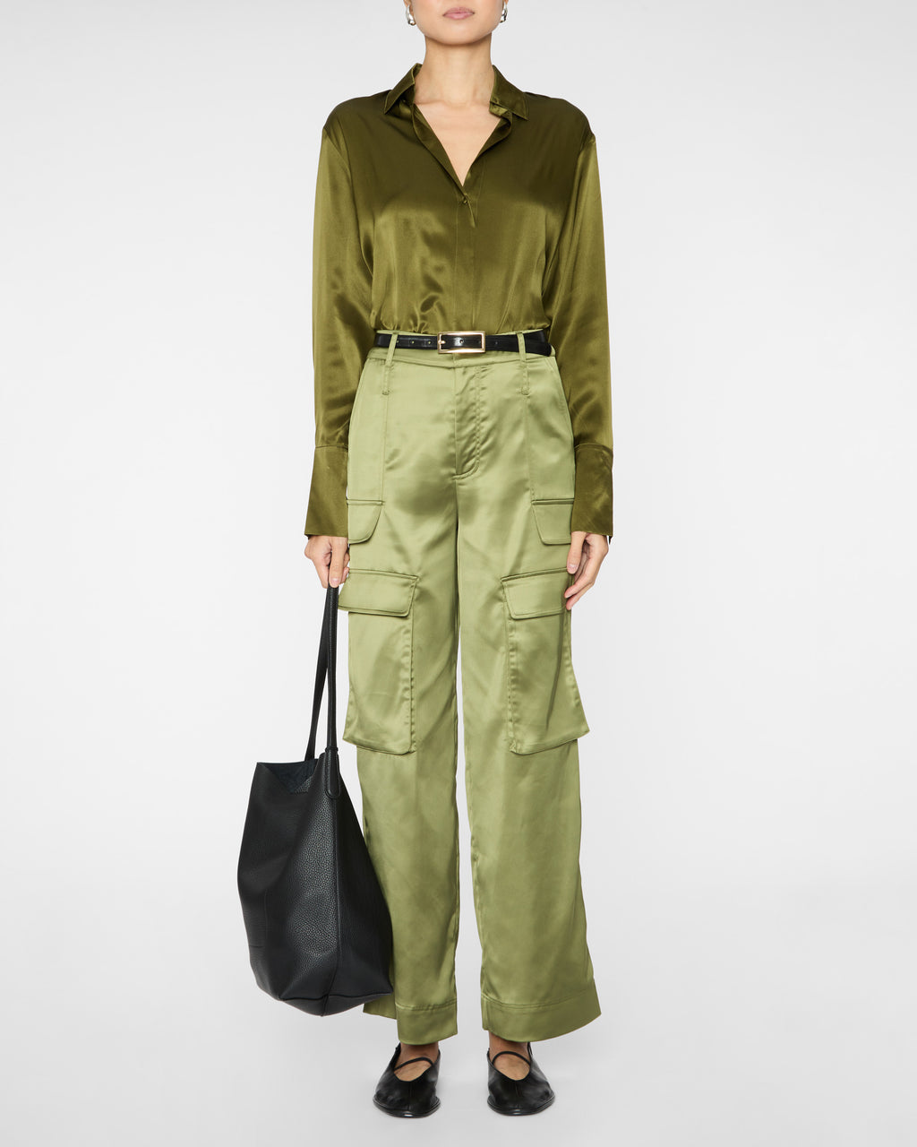 Daria French Cuff Silk Blouse in Army Green