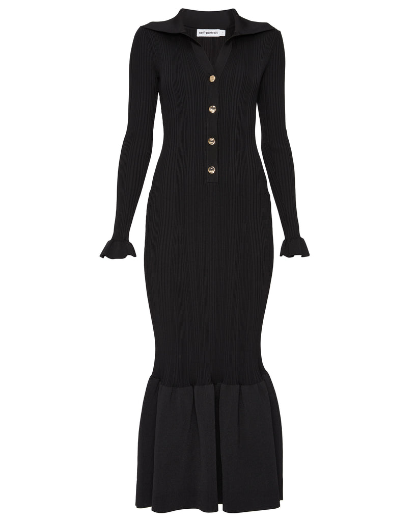 Black Ribbed Knit Fluted Midi Dress