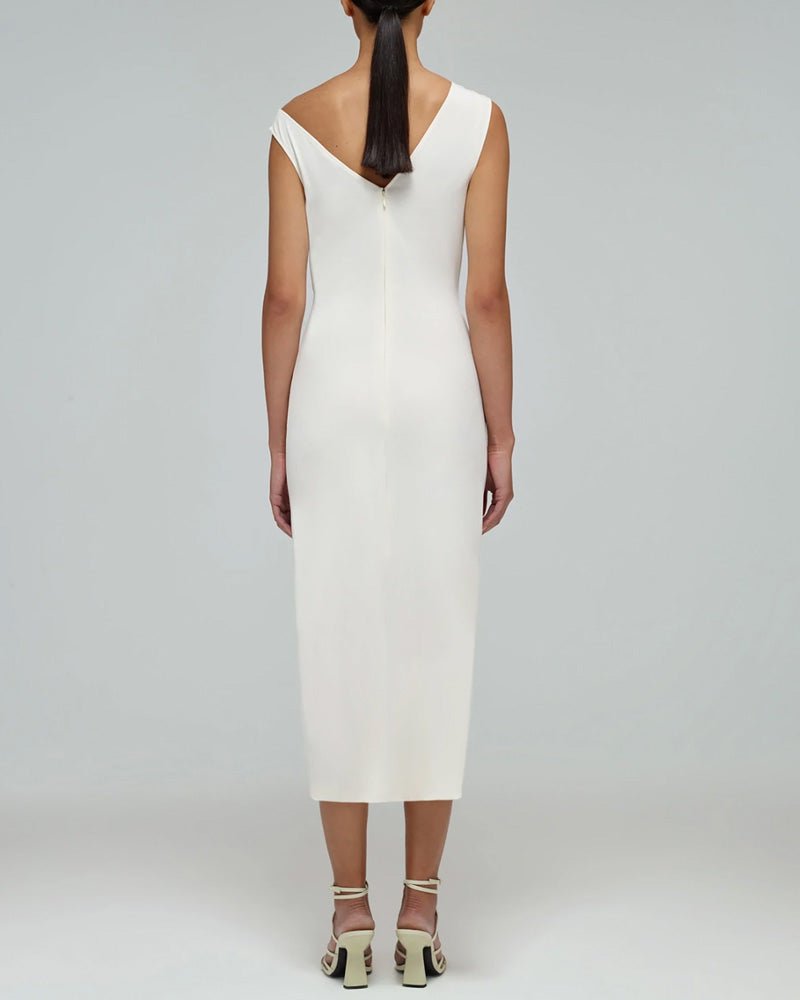 SELF PORTRAIT Ivory Jersey Gathered Asymmetric Midi Dress