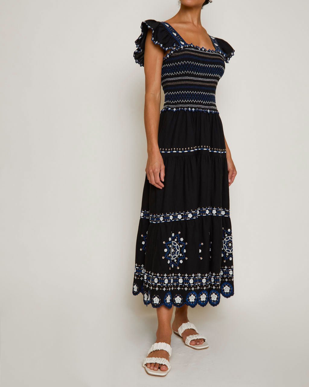 Embroidered flutter sleeve clearance dress